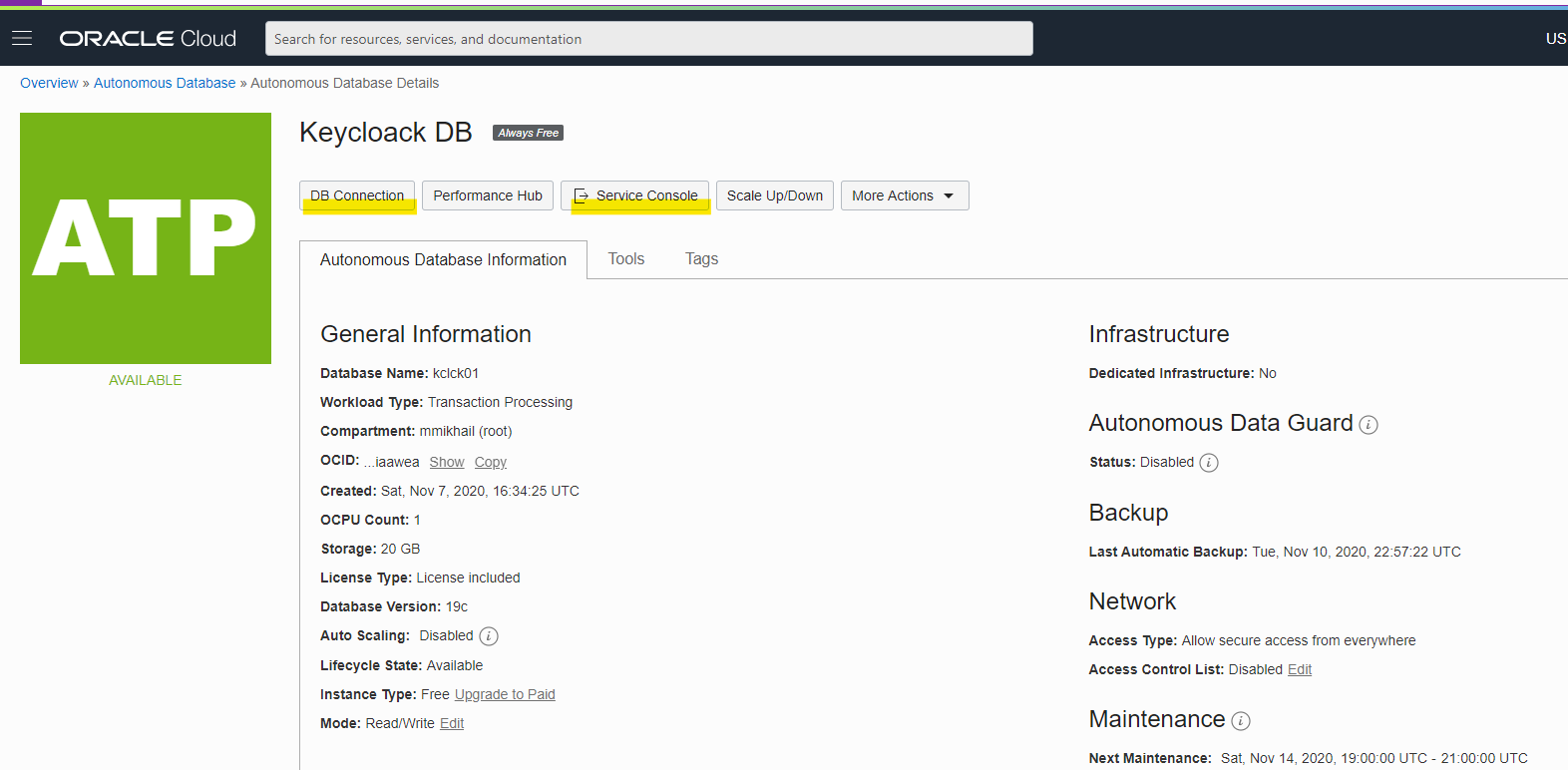 Image depicts database instance description with two highlighted buttons "DB Connection" and "Service Console"