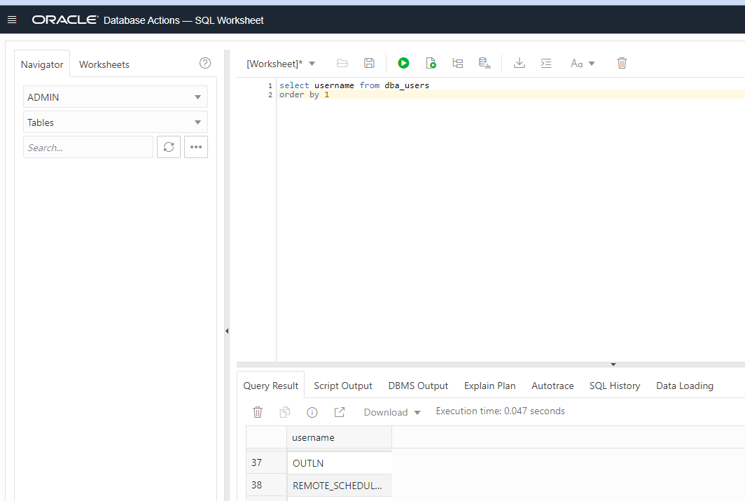 image displays part of the SQL Developer WEB interface with worksheet, query and results